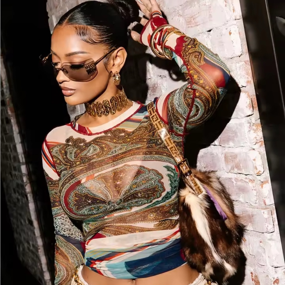 Green and Orange Asymmetrical Fitted Blouse